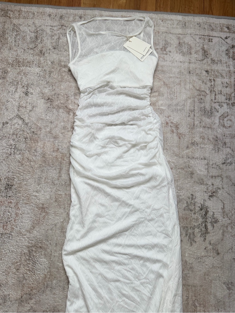 Peppermayo White Ruched Sheer-Panel Maxi Dress